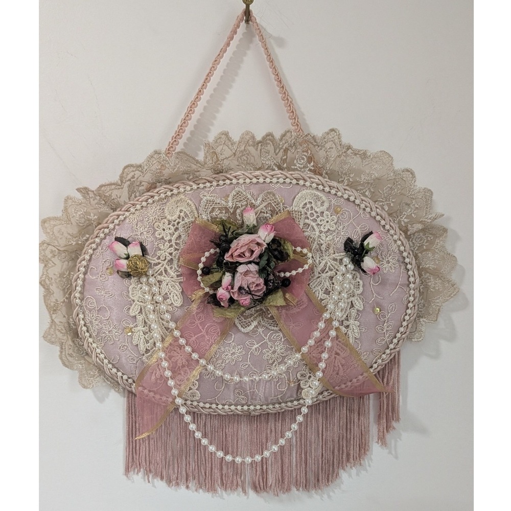 Vtg Victoria's Garden Pink Lace Floral Wall Hanging Plaque Fringe cottagecore
